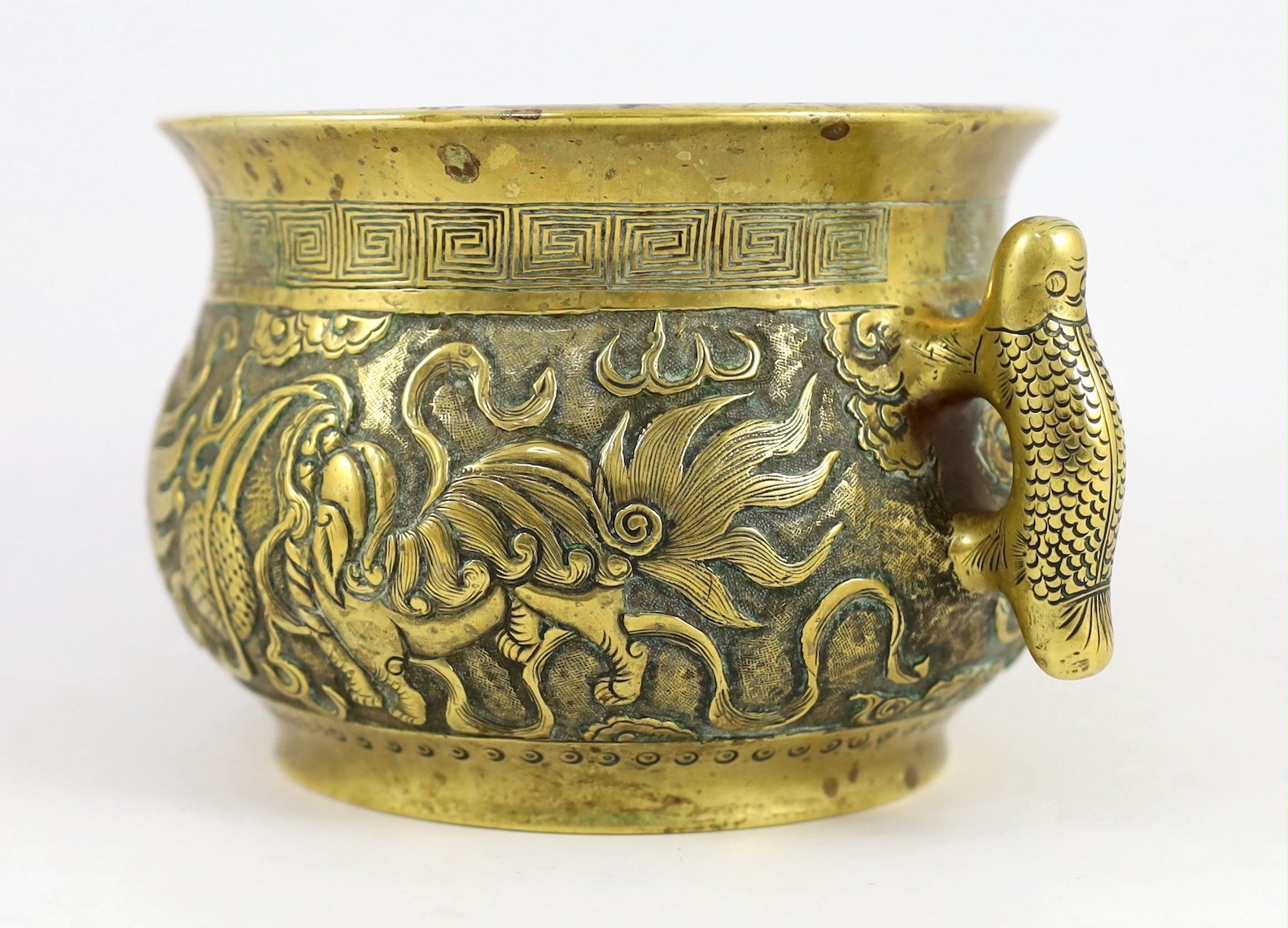 A Chinese polished bronze ‘Buddhist lion’ censer, gui, 19th century, 19.5cm wide, rim diameter 14cm